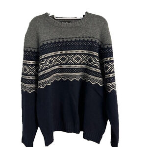 Eddie Bauer Fair Isle Nordic Knit Lambs Wool Sweater Gray Navy Crewneck Mens L